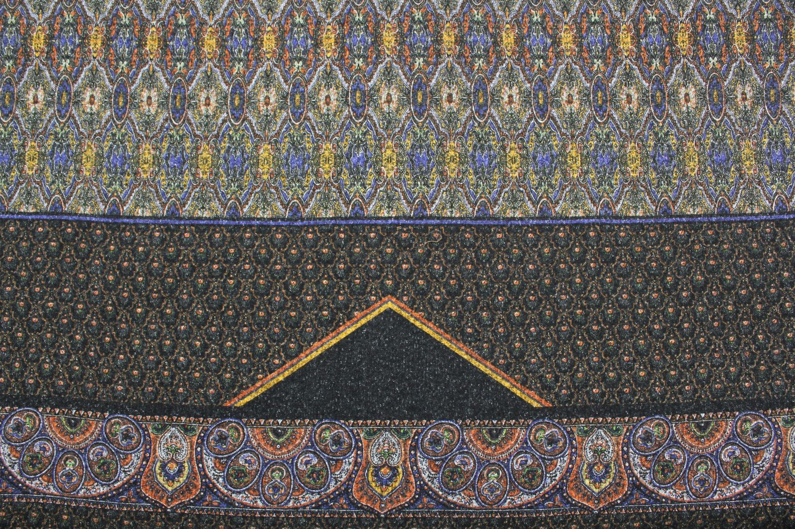 Купон, ткань пальтовая Etro двухслойная оранжево-жёлтый, фиолетовый, чёрный пейсли узор