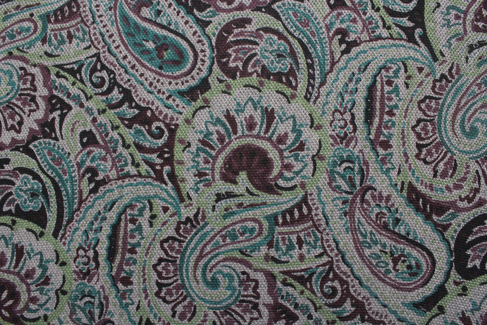 Шерсть-стрейч Etro малахитово-сливовый пейсли на серой рогожке